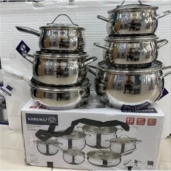 سرویس قابلمه 12 پارچه استیل کرکماز مدل 8630 HY با درب پیرکس و کف چدنی مناسب برای انواع اجاق ها