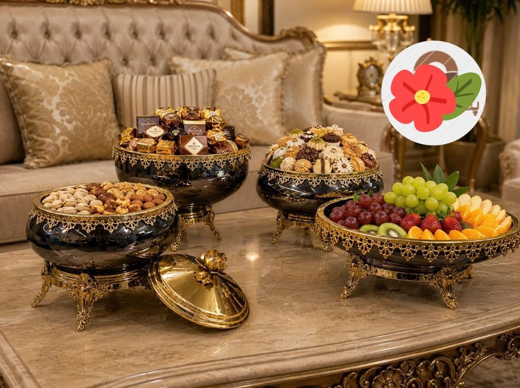 ست میوهخوری و پذیرایی پایهدار مشکی طلایی